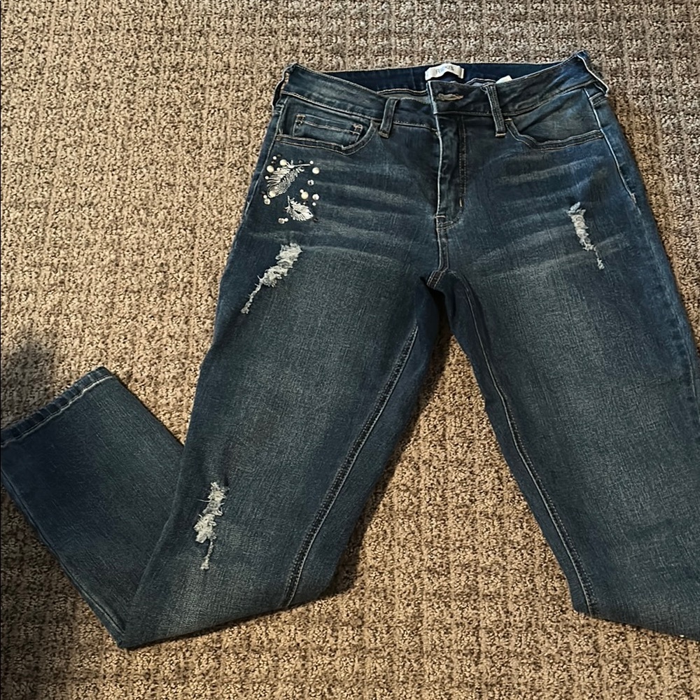 Ricki's Dark Blue Distressed Skinny Jeans/pearl embellishments